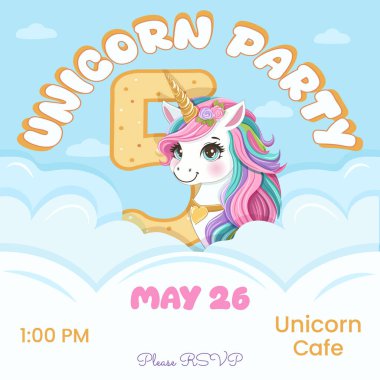 Güzel tek boynuzlu at ve 5 numaralı doğum günü partisi davetiyesi. Siyah saçlı ve altın boynuzlu çizgi film karakteri bulutların arkasına saklanmıştı. Düz biçimli vektör illüstrasyonu