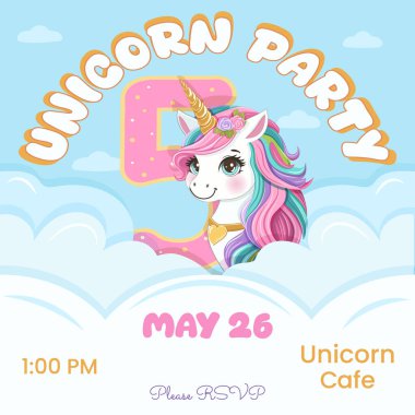 Güzel tek boynuzlu at ve 5 numaralı doğum günü partisi davetiyesi. Siyah saçlı ve altın boynuzlu çizgi film karakteri bulutların arkasına saklanmıştı. Düz biçimli vektör illüstrasyonu