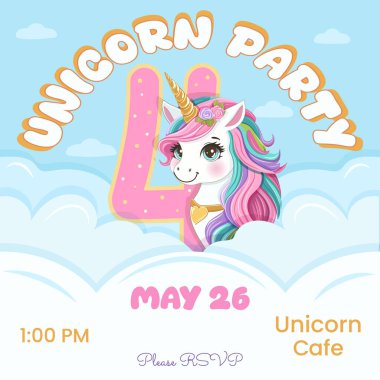 Güzel tek boynuzlu at ve 4 numaralı doğum günü partisi davetiyesi. Siyah saçlı ve altın boynuzlu çizgi film karakteri bulutların arkasına saklanmıştı. Düz biçimli vektör illüstrasyonu