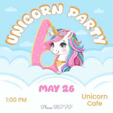 Güzel tek boynuzlu at ve 6 numaralı doğum günü partisi davetiyesi. Siyah saçlı ve altın boynuzlu çizgi film karakteri bulutların arkasına saklanmıştı. Düz biçimli vektör illüstrasyonu