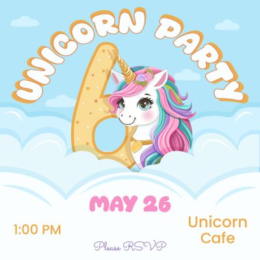 Güzel tek boynuzlu at ve 6 numaralı doğum günü partisi davetiyesi. Siyah saçlı ve altın boynuzlu çizgi film karakteri bulutların arkasına saklanmıştı. Düz biçimli vektör illüstrasyonu