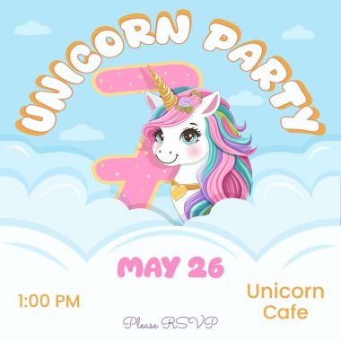 Güzel tek boynuzlu at ve 7 numaralı doğum günü partisi davetiyesi. Siyah saçlı ve altın boynuzlu çizgi film karakteri bulutların arkasına saklanmıştı. Düz biçimli vektör illüstrasyonu