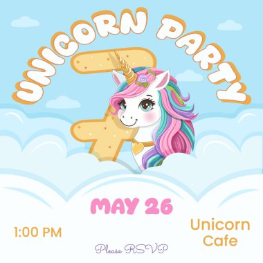 Güzel tek boynuzlu at ve 7 numaralı doğum günü partisi davetiyesi. Siyah saçlı ve altın boynuzlu çizgi film karakteri bulutların arkasına saklanmıştı. Düz biçimli vektör illüstrasyonu