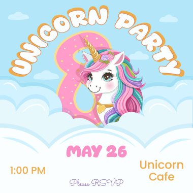 Güzel tek boynuzlu at ve 8 numaralı doğum günü partisi davetiyesi. Siyah saçlı ve altın boynuzlu çizgi film karakteri bulutların arkasına saklanmıştı. Düz biçimli vektör illüstrasyonu