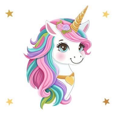 Renkli saçlı, altın boynuzlu, kalbi ve yıldızları beyaz arka planda olan güzel bir tek boynuzlu at. Çizgi film tarzında vektör illüstrasyonu
