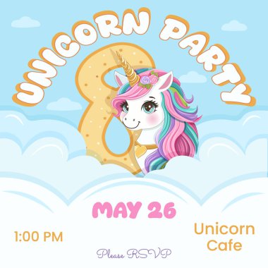 Güzel tek boynuzlu at ve 8 numaralı doğum günü partisi davetiyesi. Siyah saçlı ve altın boynuzlu çizgi film karakteri bulutların arkasına saklanmıştı. Düz biçimli vektör illüstrasyonu