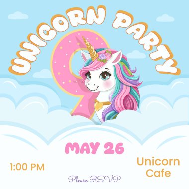 Güzel tek boynuzlu at ve 9 numarayla doğum günü partisi davetiyesi. Siyah saçlı ve altın boynuzlu çizgi film karakteri bulutların arkasına saklanmıştı. Düz biçimli vektör illüstrasyonu