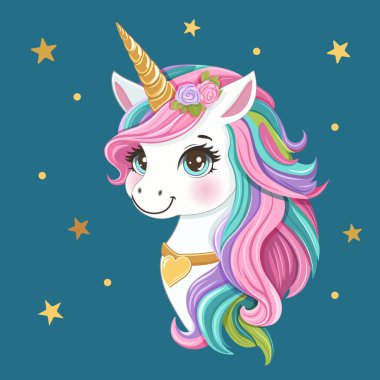 Renkli saçlı, altın boynuzlu, kalbi ve yıldızları koyu mavi arka planda olan güzel tek boynuzlu at. Poster, Banner, Flyer, tebrik kartı. Çizgi film tarzında vektör illüstrasyonu