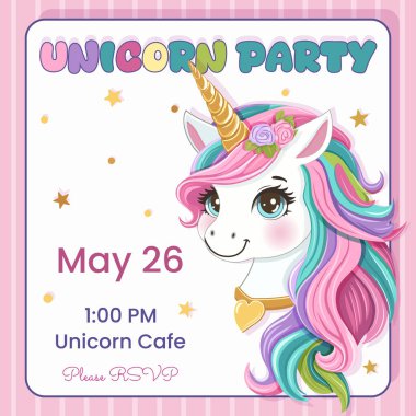 Renkli saçlı ve altın boynuzlu Güzel Tekboynuzlu 'nun doğum günü partisi için davetiye. Çizgi film tarzında vektör illüstrasyonu