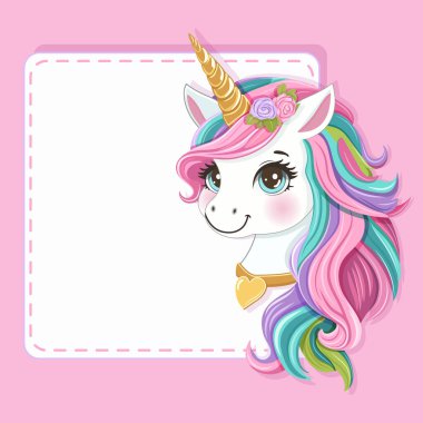 Renkli saçlı, altın boynuzlu güzel tek boynuzlu at, pembe arka planda kalp ve yıldızlar. Poster, Banner, Flyer, tebrik kartı. Çizgi film tarzında vektör illüstrasyonu