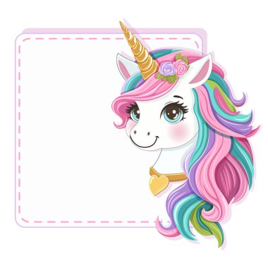 Renkli saçlı, altın boynuzlu, kalbi ve yıldızları beyaz arka planda olan güzel bir tek boynuzlu at. Poster, Banner, Flyer, tebrik kartı. Çizgi film tarzında vektör illüstrasyonu