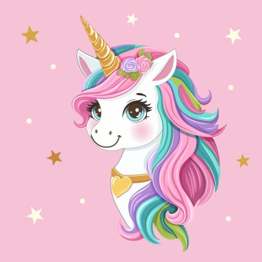 Renkli saçlı, altın boynuzlu güzel tek boynuzlu at, pembe arka planda kalp ve yıldızlar. Poster, Banner, Flyer, tebrik kartı. Çizgi film tarzında vektör illüstrasyonu