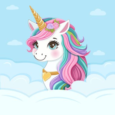 Güzel tek boynuzlu at. Renkli saçlı ve altın boynuzlu. Bulutların arkasına saklanmış. Poster, Banner, Flyer, tebrik kartı. Çizgi film tarzında vektör illüstrasyonu
