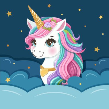 Güzel tek boynuzlu at. Renkli saçlı ve altın boynuzlu. Bulutların arkasına saklanmış. Poster, Banner, Flyer, tebrik kartı. Çizgi film tarzında vektör illüstrasyonu