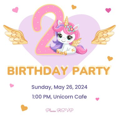 Doğum günü partisi davetiyesi şablonu altın boynuzlu ve kanatlı şirin tek boynuzlu at. Çizgi film tarzında vektör illüstrasyonu