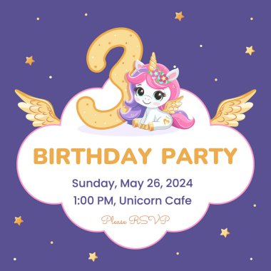 Doğum günü partisi davetiyesi şablonu altın boynuzlu ve kanatlı şirin tek boynuzlu at. Çizgi film tarzında vektör illüstrasyonu