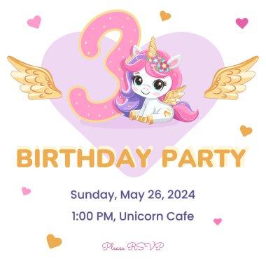 Doğum günü partisi davetiyesi şablonu altın boynuzlu ve kanatlı şirin tek boynuzlu at. Çizgi film tarzında vektör illüstrasyonu