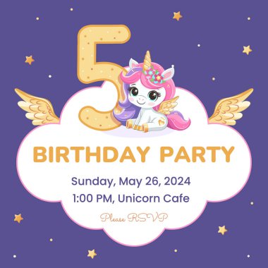 Doğum günü partisi davetiyesi şablonu altın boynuzlu ve kanatlı şirin tek boynuzlu at. Çizgi film tarzında vektör illüstrasyonu