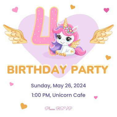 Doğum günü partisi davetiyesi şablonu altın boynuzlu ve kanatlı şirin tek boynuzlu at. Çizgi film tarzında vektör illüstrasyonu