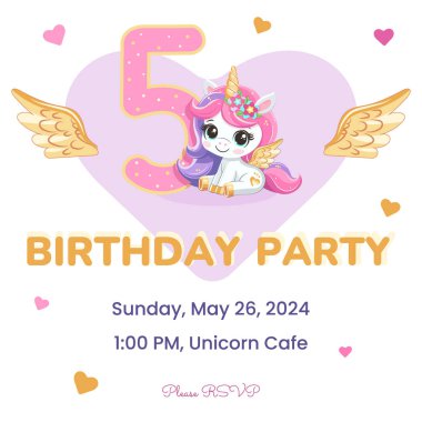 Doğum günü partisi davetiyesi şablonu altın boynuzlu ve kanatlı şirin tek boynuzlu at. Çizgi film tarzında vektör illüstrasyonu