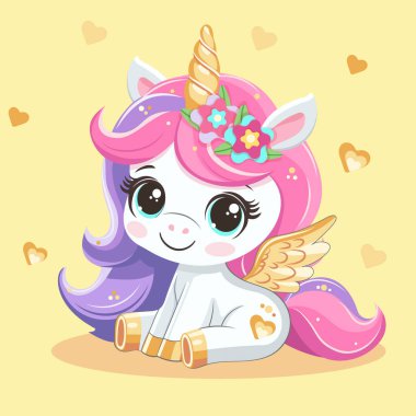 Altın boynuzu ve kanatları olan sevimli mütevazı tek boynuzlu at. Çizgi film tarzında vektör illüstrasyonu