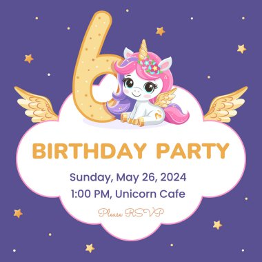Doğum günü partisi davetiyesi şablonu altın boynuzlu ve kanatlı şirin tek boynuzlu at. Çizgi film tarzında vektör illüstrasyonu