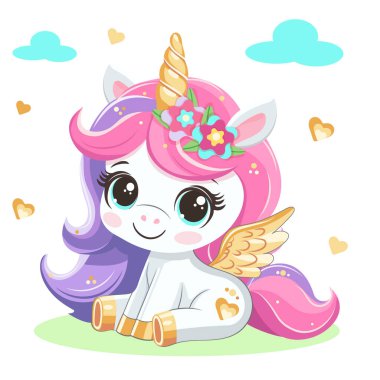 Altın boynuzlu ve beyaz arka planda kanatları olan sevimli mütevazı tek boynuzlu at. Çizgi film tarzında vektör illüstrasyonu