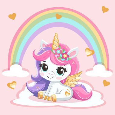 Altın boynuzlu ve kanatlı şirin tek boynuzlu at gökkuşağı ve beyaz arka planı olan bir bulutta oturuyor. Çizgi film tarzında vektör illüstrasyonu