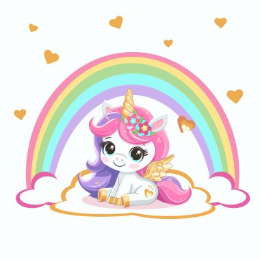 Altın boynuzlu ve kanatlı şirin tek boynuzlu at gökkuşağı ve beyaz arka planı olan bir bulutta oturuyor. Çizgi film tarzında vektör illüstrasyonu