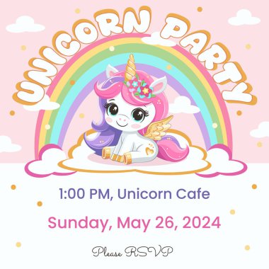 Tek boynuzlu at partisi davetiye şablonu, altın boynuzlu ve kanatlı, gökkuşaklı bir bulutun üzerinde oturuyor. Çizgi film tarzında vektör illüstrasyonu