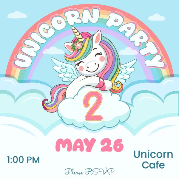 Güzel tek boynuzlu at ve iki numaralı doğum günü partisi davetiyesi. Siyah saçlı ve altın boynuzlu çizgi film karakteri bulutların arkasına saklanmıştı. Düz biçimli vektör illüstrasyonu