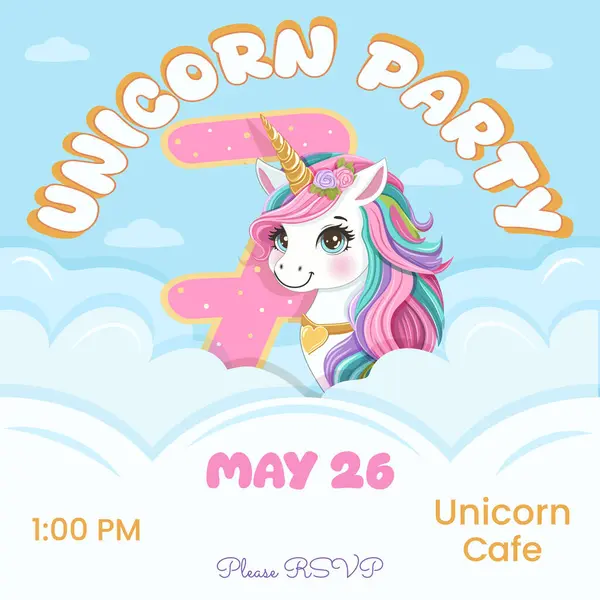 Güzel tek boynuzlu at ve 7 numaralı doğum günü partisi davetiyesi. Siyah saçlı ve altın boynuzlu çizgi film karakteri bulutların arkasına saklanmıştı. Düz biçimli vektör illüstrasyonu