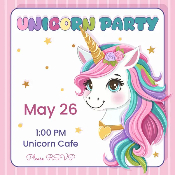 Renkli saçlı ve altın boynuzlu Güzel Tekboynuzlu 'nun doğum günü partisi için davetiye. Çizgi film tarzında vektör illüstrasyonu