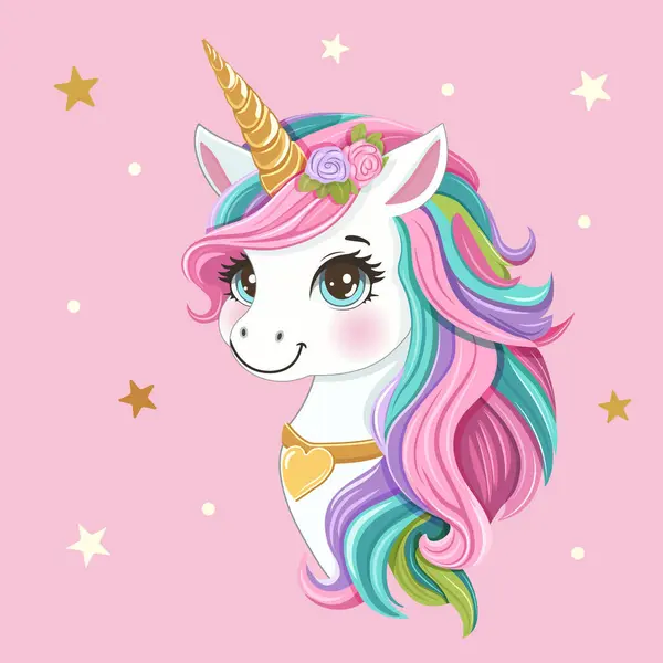 Renkli saçlı, altın boynuzlu güzel tek boynuzlu at, pembe arka planda kalp ve yıldızlar. Poster, Banner, Flyer, tebrik kartı. Çizgi film tarzında vektör illüstrasyonu