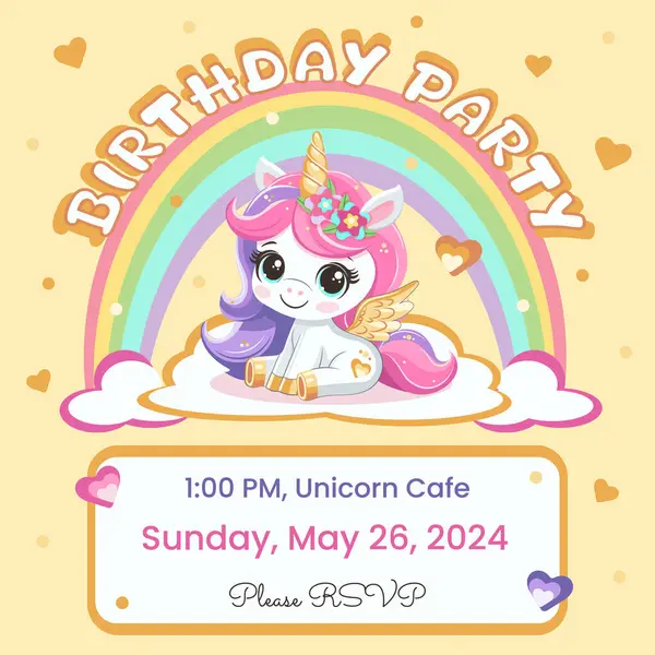 Doğum günü partisi davetiyesi şablonu altın boynuz ve kanatlarla gökkuşağıyla bir bulutun üzerinde duruyor. Çizgi film tarzında vektör illüstrasyonu