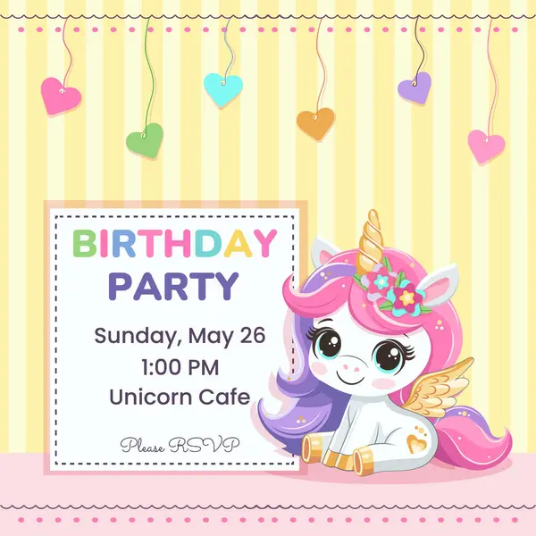 Doğum günü partisi davetiyesi şablonu, altın boynuz, kanatlar ve renkli kalpler. Çizgi film tarzında vektör illüstrasyonu