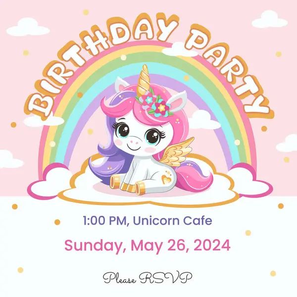 Doğum günü partisi davetiyesi şablonu altın boynuz ve kanatlarla gökkuşağıyla bir bulutun üzerinde duruyor. Çizgi film tarzında vektör illüstrasyonu