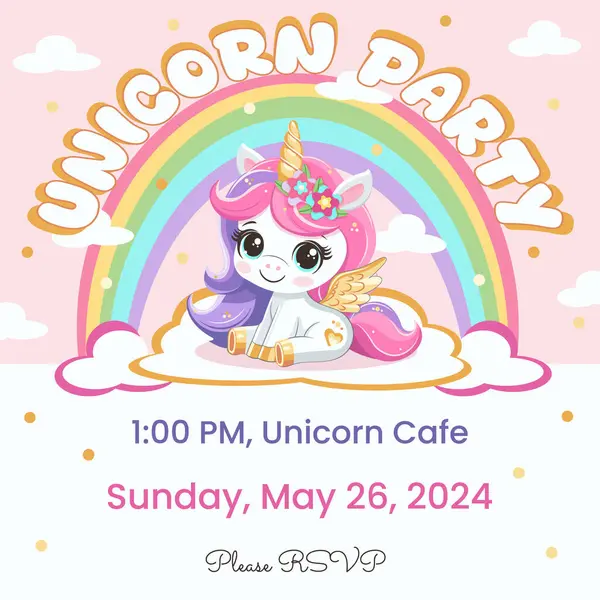 Tek boynuzlu at partisi davetiye şablonu, altın boynuzlu ve kanatlı, gökkuşaklı bir bulutun üzerinde oturuyor. Çizgi film tarzında vektör illüstrasyonu