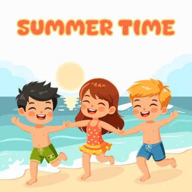 Farklı milletlerden mutlu çocuklar beyaz arka planda mayo giyerek plajda el ele koşuyorlar. Poster, Banner, Flyer, yaz zamanı. Çizgi film tarzında vektör illüstrasyonu