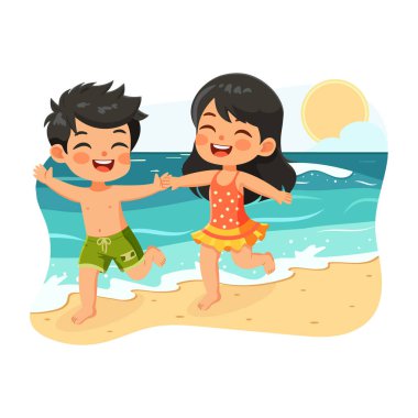 Farklı milletlerden mutlu çocuklar beyaz arka planda mayo giyerek plajda el ele koşuyorlar. Poster, Banner, Flyer, yaz zamanı. Çizgi film tarzında vektör illüstrasyonu