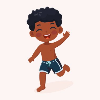 Beyaz arka planda mayolarla koşan sevimli ve mutlu bir çocuk. Poster, Banner, Flyer, yaz zamanı. Çizgi film tarzında vektör illüstrasyonu