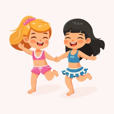 Farklı milletlerden mutlu çocuklar beyaz arka planda mayo giyerek el ele koşuyorlar. Poster, Banner, Flyer, yaz zamanı. Çizgi film tarzında vektör illüstrasyonu