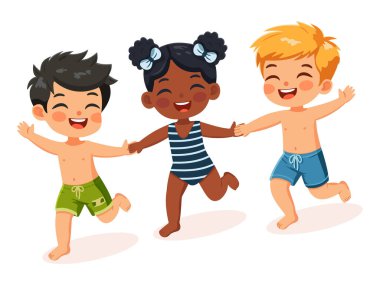 Farklı milletlerden mutlu çocuklar beyaz arka planda mayo giyerek el ele koşuyorlar. Poster, Banner, Flyer, yaz zamanı. Çizgi film tarzında vektör illüstrasyonu