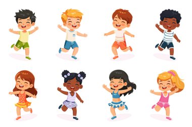 Oynayan ve koşan gülümseyen uluslararası çocuklar. Beyaz arkaplanda izole edilmiş düz dizayn tarzında çizgi film karakteri. Vektör illüstrasyonu