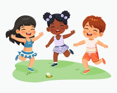 Gülümseyen uluslararası çocuklar oynuyor ve koşuyor. Beyaz arkaplanda izole edilmiş düz dizayn tarzında çizgi film karakteri. Poster, Banner, Flyer, yaz zamanı. Vektör illüstrasyonu