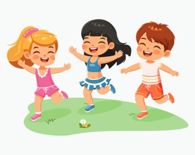 Gülümseyen uluslararası çocuklar oynuyor ve koşuyor. Beyaz arkaplanda izole edilmiş düz dizayn tarzında çizgi film karakteri. Poster, Banner, Flyer, yaz zamanı. Vektör illüstrasyonu