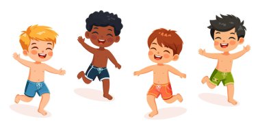 Sahilde beyaz arka planda mayolarıyla koşan farklı milletlerden şirin ve mutlu çocuklar. Poster, Banner, Flyer, yaz zamanı. Çizgi film tarzında vektör illüstrasyonu