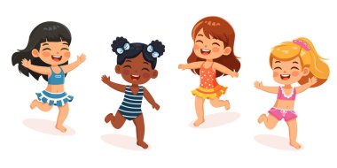 Sahilde beyaz arka planda mayolarıyla koşan farklı milletlerden şirin ve mutlu çocuklar. Poster, Banner, Flyer, yaz zamanı. Çizgi film tarzında vektör illüstrasyonu