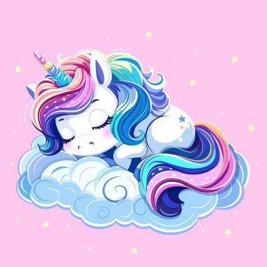 Renkli saçlı ve boynuzlu şirin tek boynuzlu at bulutların üzerinde tatlı tatlı uyuyor. Çizgi film tarzında vektör illüstrasyonu.