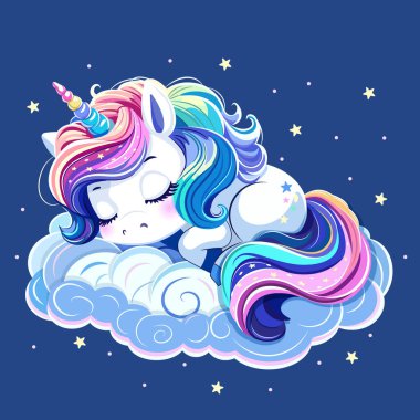 Renkli saçlı ve boynuzlu şirin tek boynuzlu at çizilmiş. Yıldızlı, koyu mavi bir arka planda tatlı tatlı uyuyor. Çizgi film tarzında vektör illüstrasyonu.